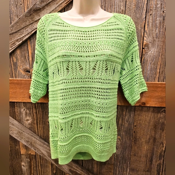 Cato Lime Green Open Knit Sweater Xl Short Sleeve See Through Cover Up EUC ^ - Picture 1 of 8
